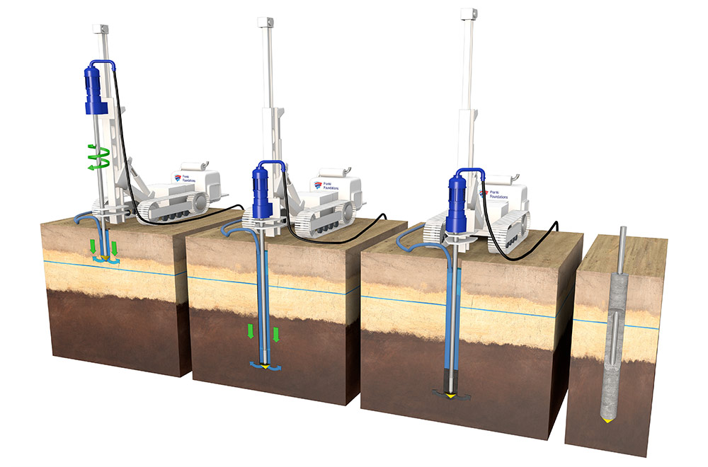 Illustration of micropiles in construction, showing stages of drilling and grouting